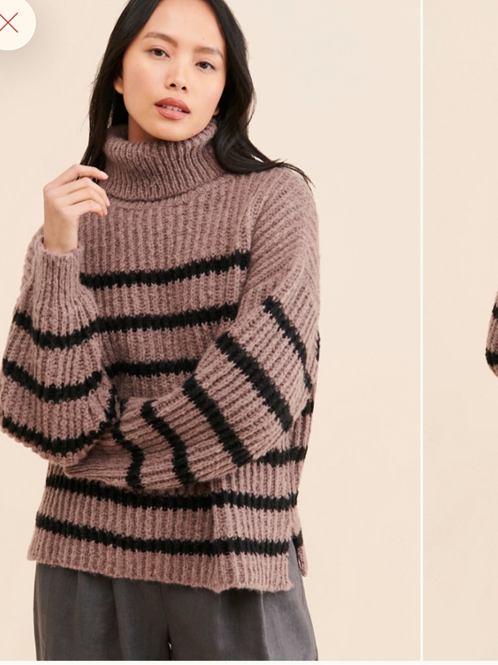 Line & Dot Striped Ribbed Turtleneck Sweater in Mauve and Black